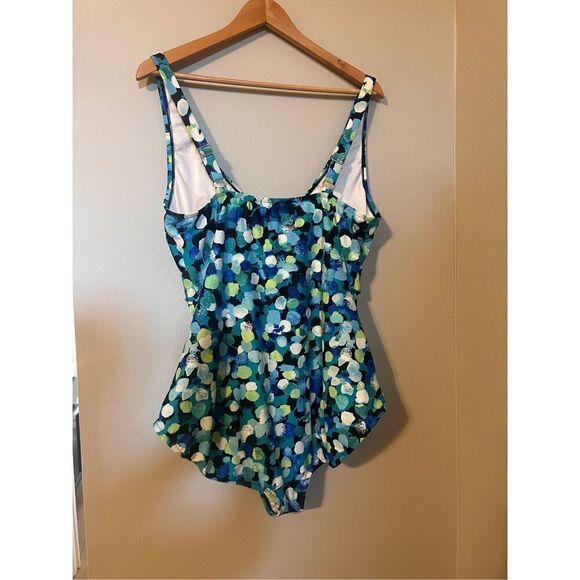 Maxine Of Hollywood 18W One Piece Swimsuit Blue Green Dot Print Ruched Slimming - Picture 7 of 9